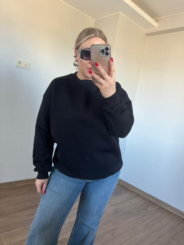 Üç İplik Bisiklet Yaka Sweatshirt (Siyah) 