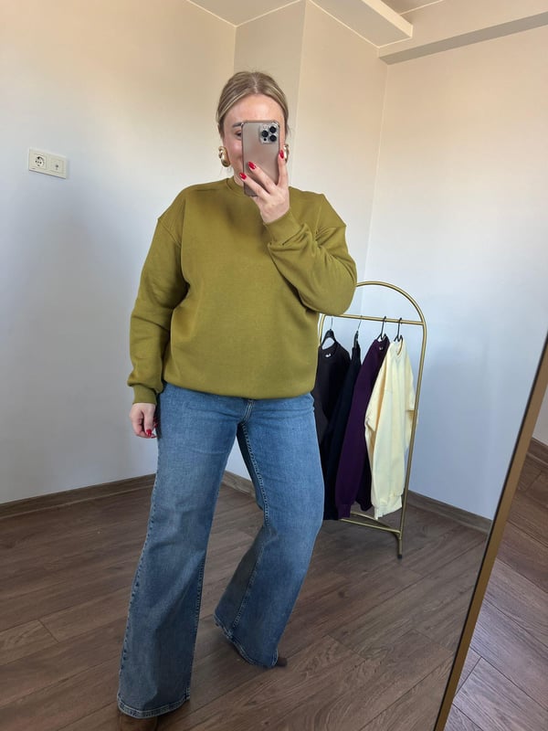 Üç İplik Bisiklet Yaka Sweatshirt (Yağ Yeşili) 