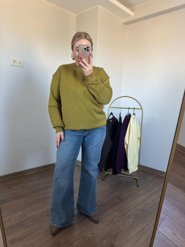 Üç İplik Bisiklet Yaka Sweatshirt (Yağ Yeşili) 