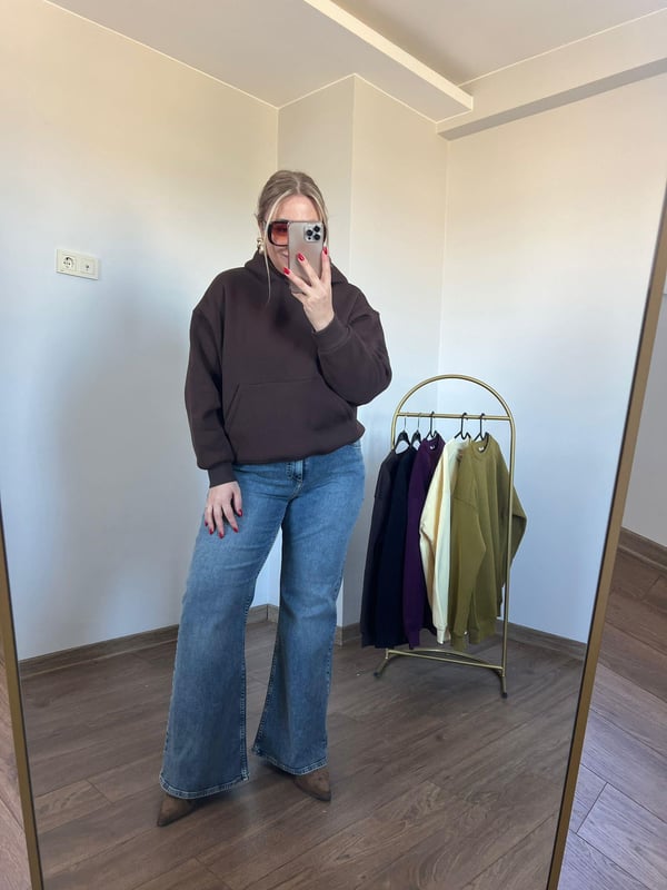 Üç İplik Kapişonlu Sweatshirt (Kahve) 