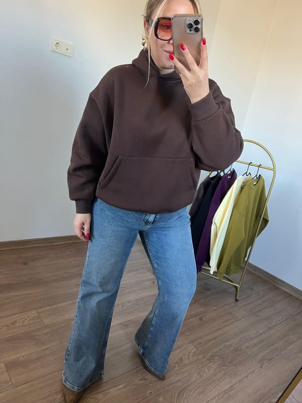 Üç İplik Kapişonlu Sweatshirt (Kahve) 