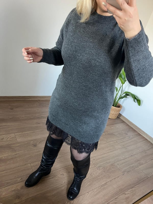 Ucu Dantelli Triko Elbise (Gri) 
