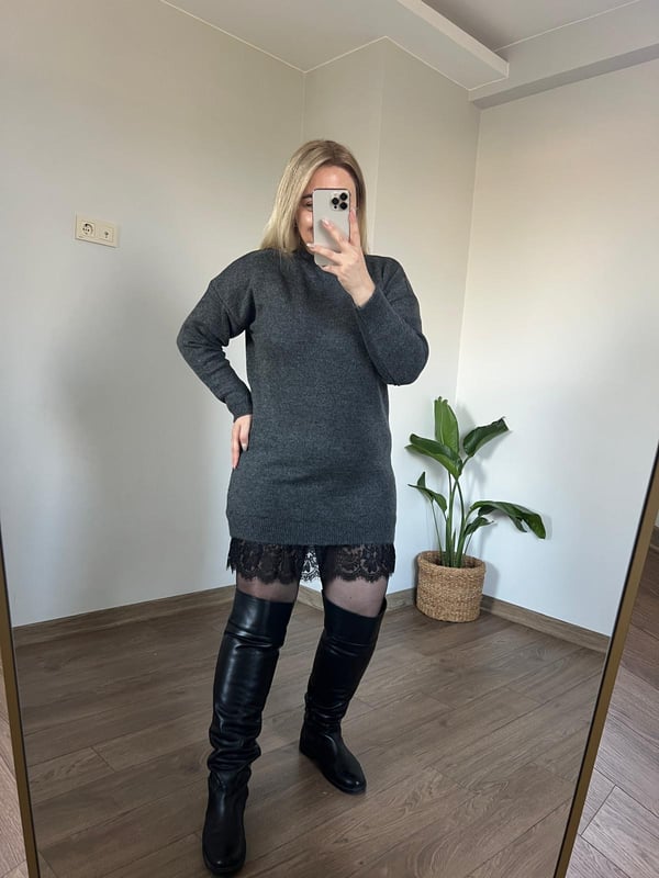 Ucu Dantelli Triko Elbise (Gri) 