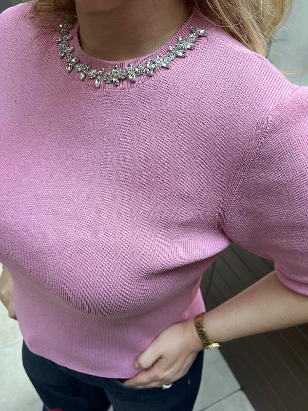 Yakası Taş Detaylı Kısa Kol Triko Bluz (Pembe) 