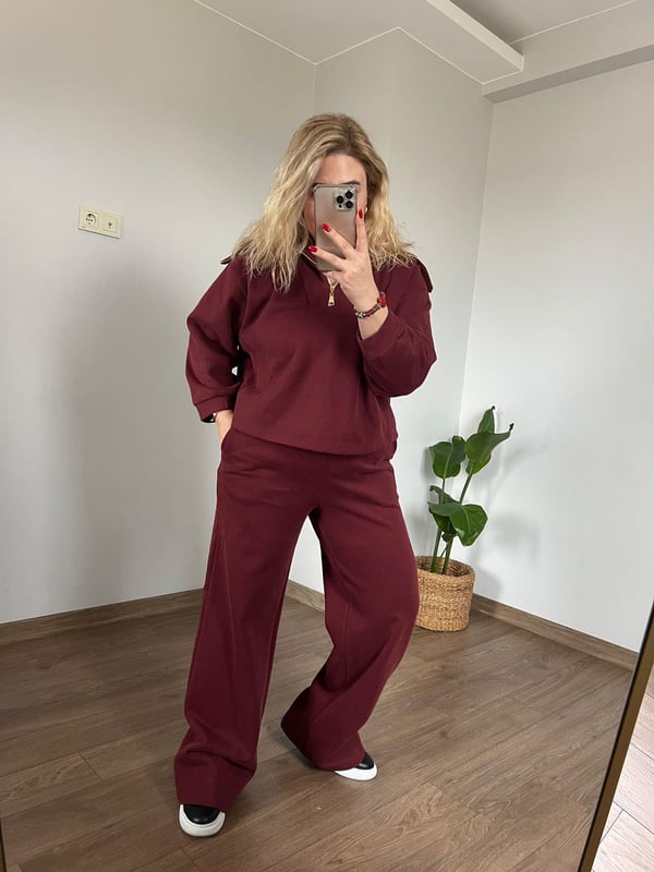 Yarım Fermuarlı Geniş Yakalı Dokuma Eşofman (Bordo)