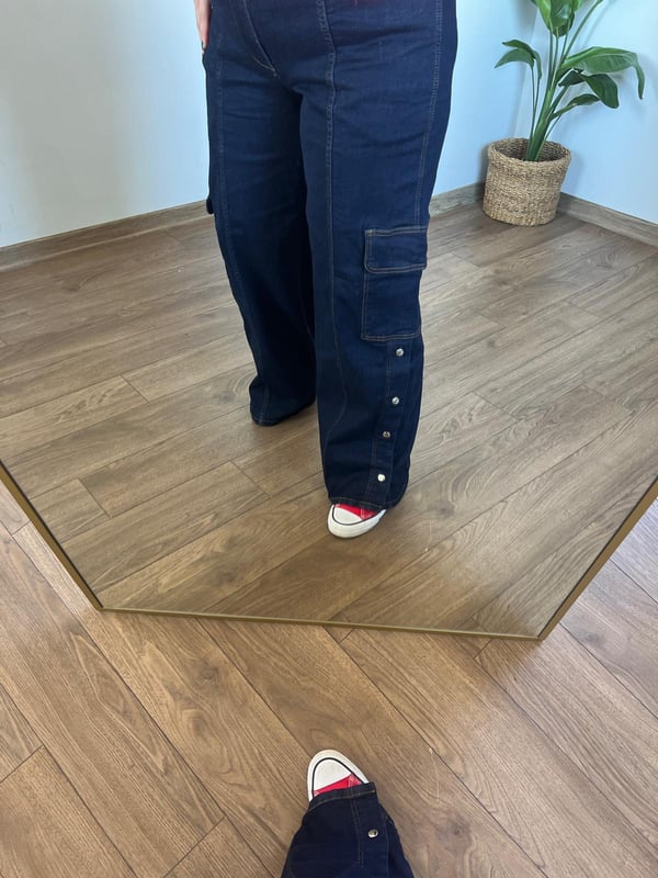 Yüksek Bel Likralı  Yandan Cepli Jean (Koyu Lacivert)