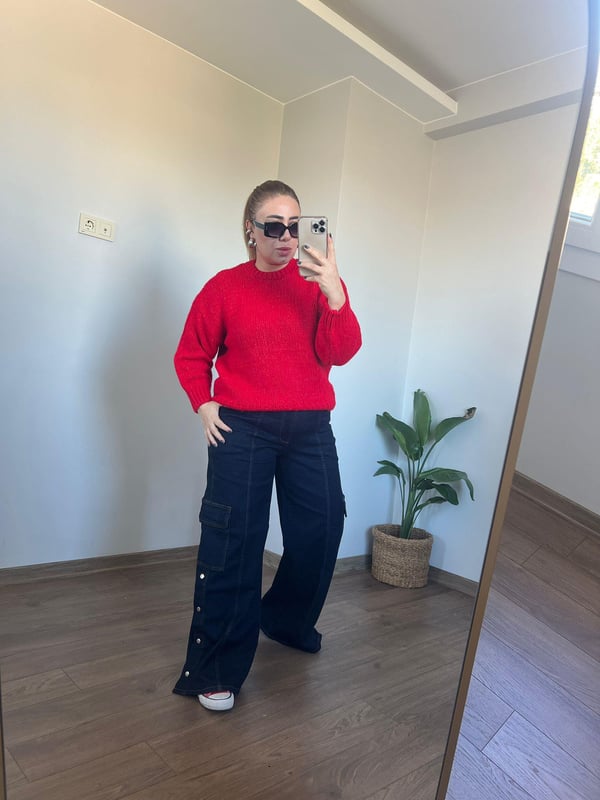 Yuvarlak Yaka STD Beden Triko Kazak (Kırmızı) 
