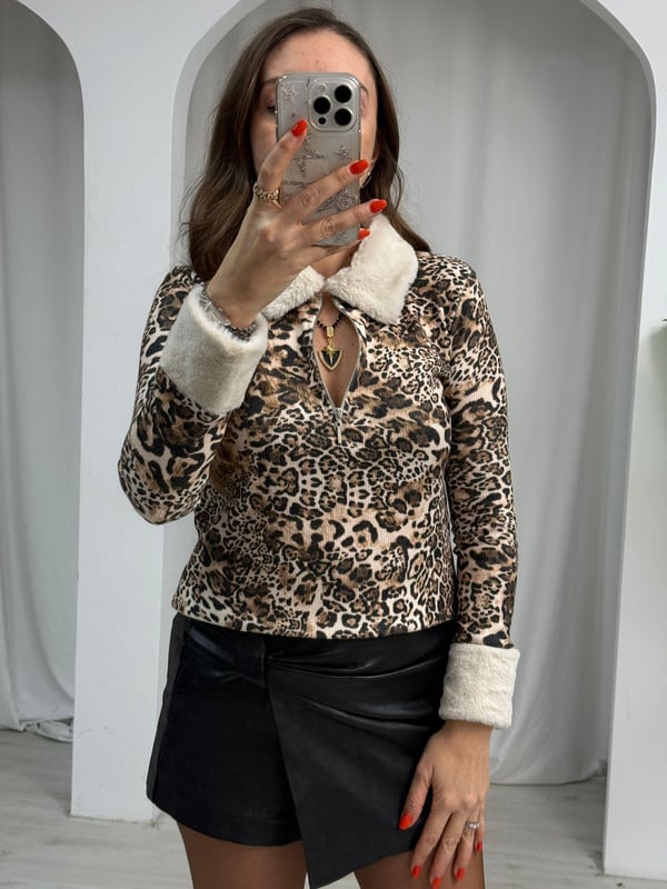 Kürk Detaylı Leopar Kazak