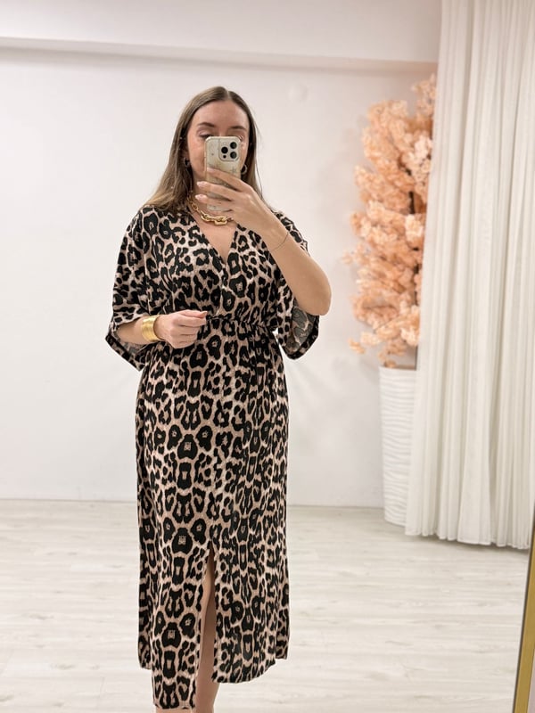Leopar Desenli Midi Boy Elbise