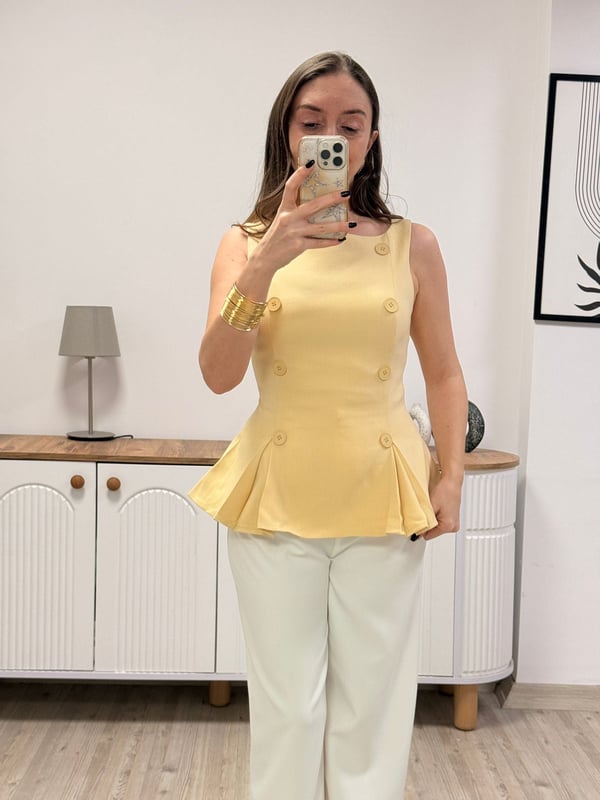 Premium Önü Düğmeli Kumaş Bluz- SARI