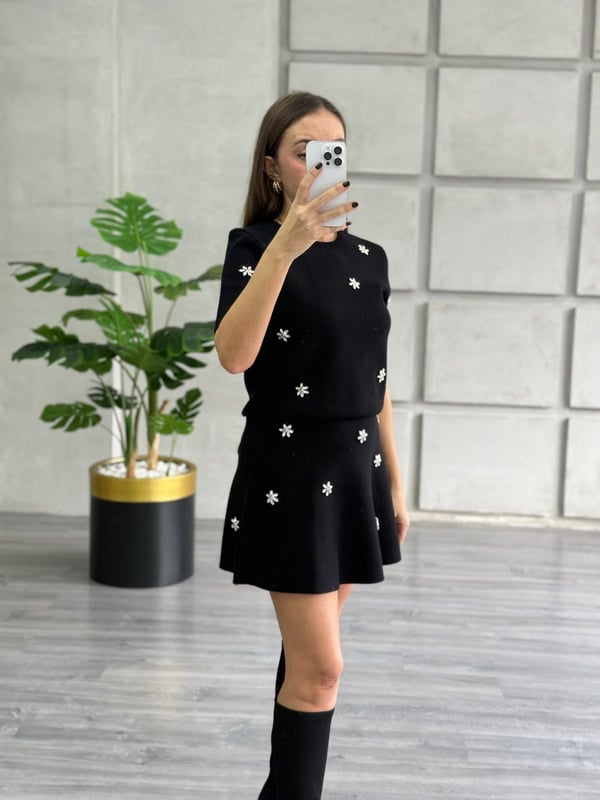 Taş Detaylı Kazak Etek Takım Siyah