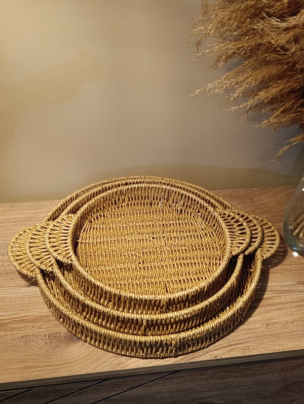 3 Boy Hasır Rattan Örme Tepsi Bambu Kulplu