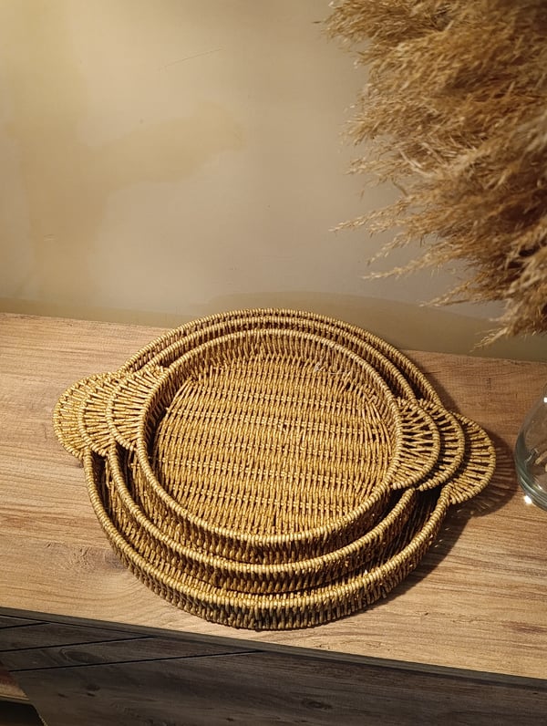 3 Boy Hasır Rattan Örme Tepsi Bambu Kulplu
