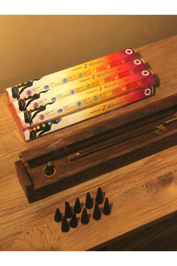Ağaç Tabut Tütsülük & 10 Adet Palo Santo Konik Tütsü & 7 Çakra Çubuk 6lı Paket 250 Adet Tütsü