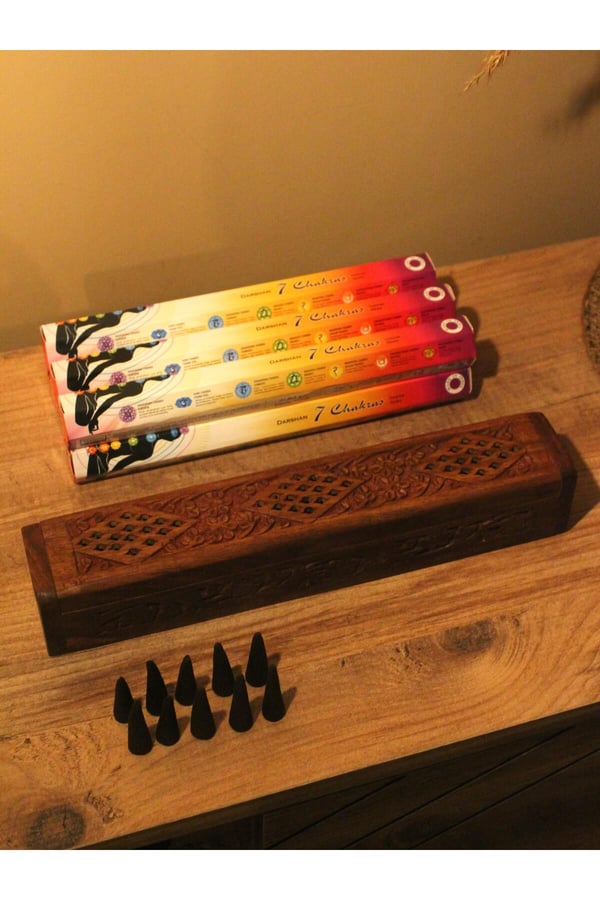 Ağaç Tabut Tütsülük & 10 Adet Palo Santo Konik Tütsü & 7 Çakra Çubuk 6lı Paket 250 Adet Tütsü