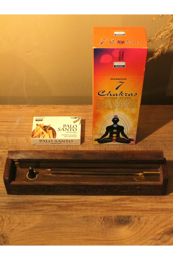 Ağaç Tabut Tütsülük & 10 Adet Palo Santo Konik Tütsü & 7 Çakra Çubuk 6lı Paket 250 Adet Tütsü