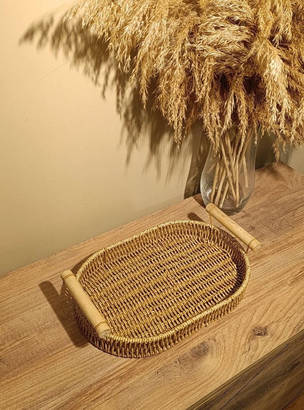 Hasır Rattan Bambu Kulplu Örme Tepsi Küçük Boy Oval