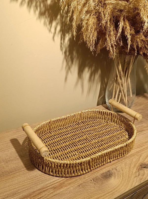 Hasır Rattan Bambu Kulplu Örme Tepsi Küçük Boy Oval