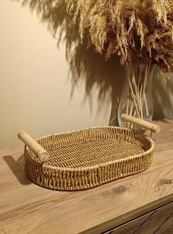 Hasır Rattan Bambu Kulplu Örme Tepsi Küçük Boy Oval