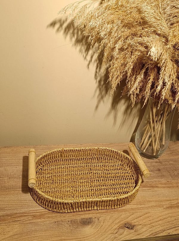 Hasır Rattan Bambu Kulplu Örme Tepsi Küçük Boy Oval