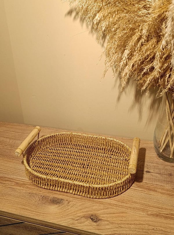 Hasır Rattan Bambu Kulplu Örme Tepsi Küçük Boy Oval