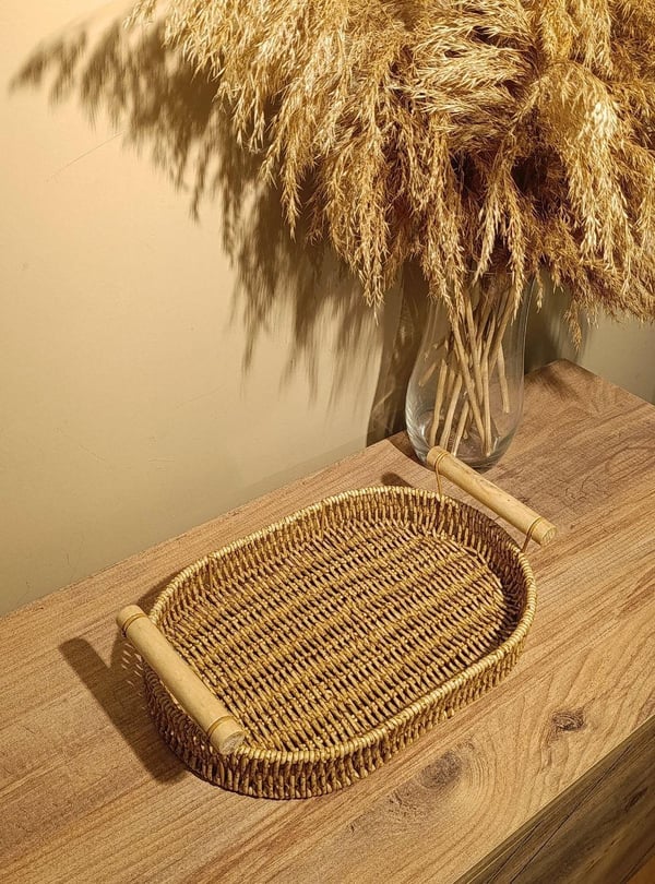 Hasır Rattan Bambu Kulplu Örme Tepsi Küçük Boy Oval