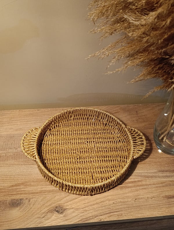 Hasır Rattan Sunum Tepsi Küçük Boy Organizer Yuvarlak