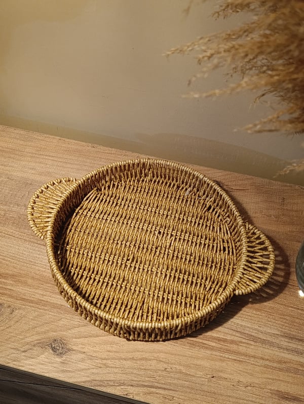 Hasır Rattan Sunum Tepsi Küçük Boy Organizer Yuvarlak