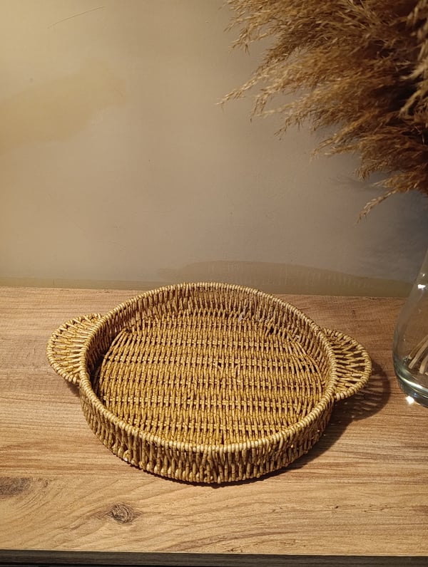 Hasır Rattan Sunum Tepsi Küçük Boy Organizer Yuvarlak