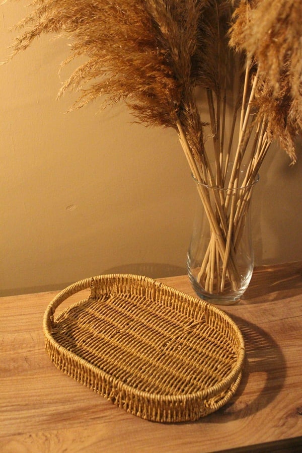 Hasır Rattan Sunum Tepsi Küçük Boy Organizer Oval