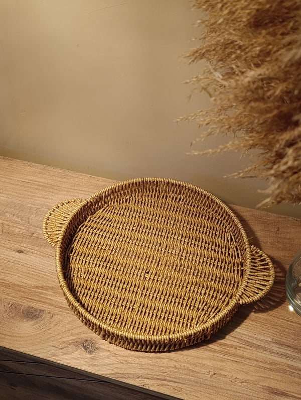 Hasır Rattan Sunum Tepsi Orta Boy Organizer Yuvarlak