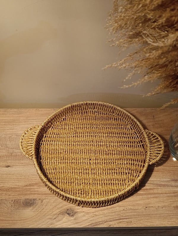 Hasır Rattan Sunum Tepsi Orta Boy Organizer Yuvarlak