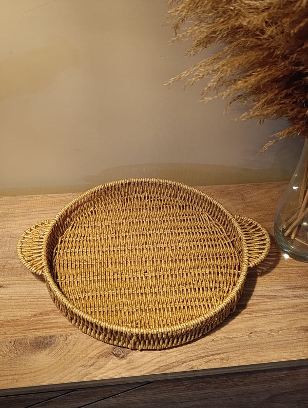Hasır Rattan Sunum Tepsi Orta Boy Organizer Yuvarlak