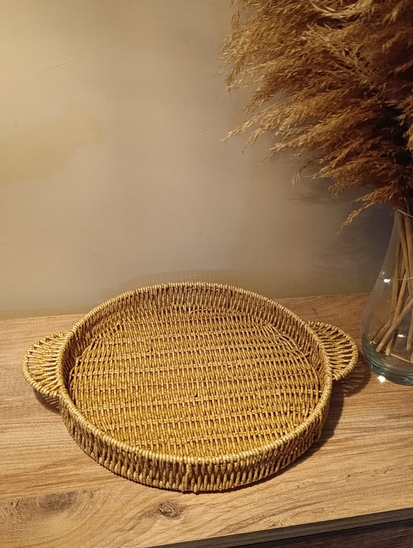 Hasır Rattan Sunum Tepsi Orta Boy Organizer Yuvarlak