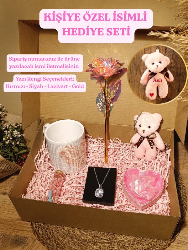 Hediye Seti Ayıcık Anahtarlık - Kupa - Kalpli Kolye - Dilek Şişesi - Tüllü Kutu - Sonsuzluk Gülü