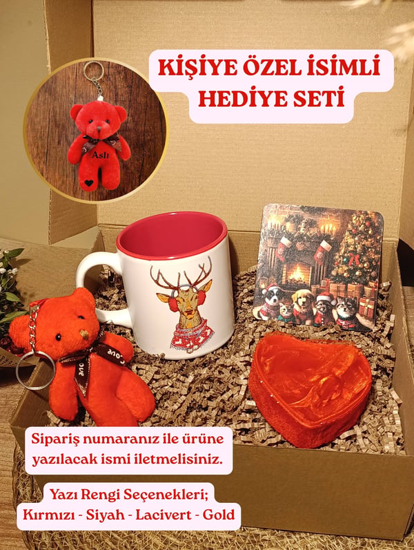 Hediye Seti Kırmızı Ayıcık Anahtarlık - Geyikli Kupa - Bardak Altlığı - Kalp Şeklinde Tüllü Kutu