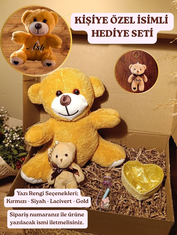 Kahverengi Ayıcık 25cm - Ayıcık Anahtarlık - Dilek Şişesi - Kalp Tüllü Kutu Hediye Seti