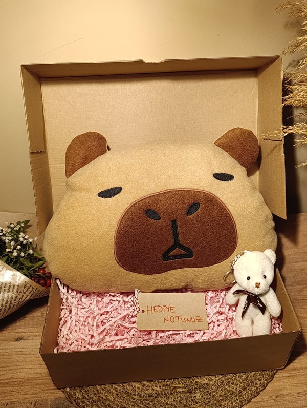 Kutulu Hediye Seti / Capybara Yastık 30cm ve Ayıcık Anahtarlık