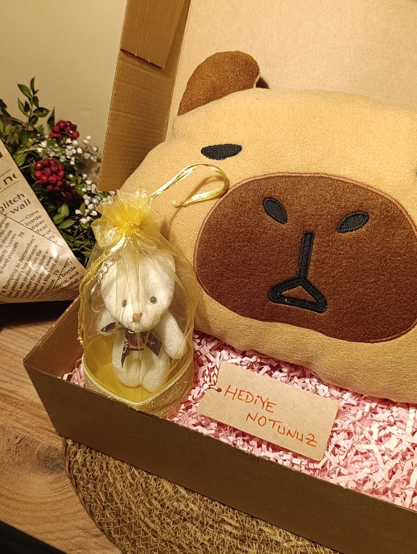 Kutulu Hediye Seti / Capybara Yastık 30cm, Ayıcık Anahtarlık ve Kalp Şeklinde Tüllü Kutu