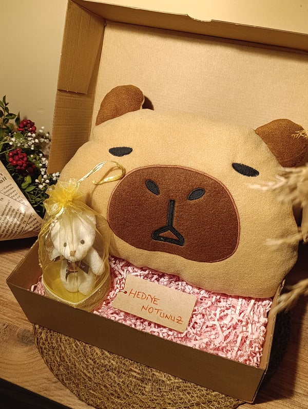 Kutulu Hediye Seti / Capybara Yastık 30cm, Ayıcık Anahtarlık ve Kalp Şeklinde Tüllü Kutu