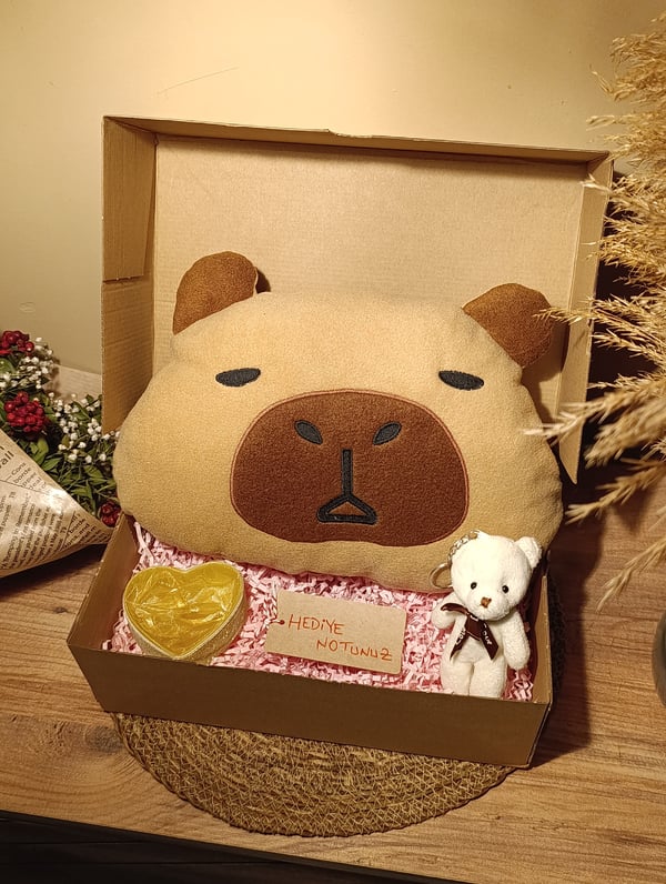Kutulu Hediye Seti / Capybara Yastık 30cm, Ayıcık Anahtarlık ve Kalp Şeklinde Tüllü Kutu