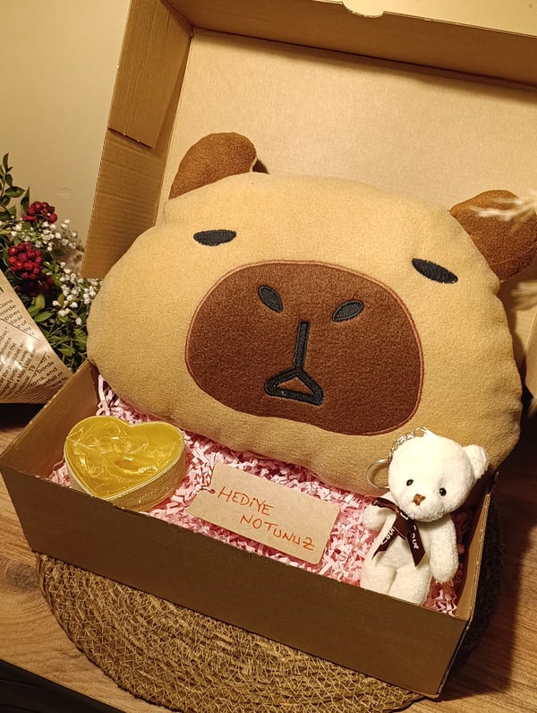 Kutulu Hediye Seti / Capybara Yastık 30cm, Ayıcık Anahtarlık ve Kalp Şeklinde Tüllü Kutu