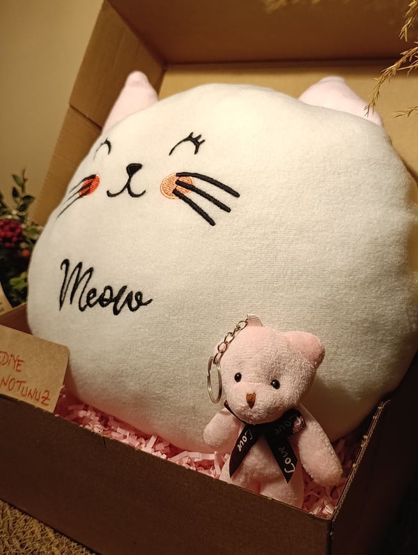 Kutulu Hediye Seti / Kedi Yastık 30cm ve Ayıcık Anahtarlık
