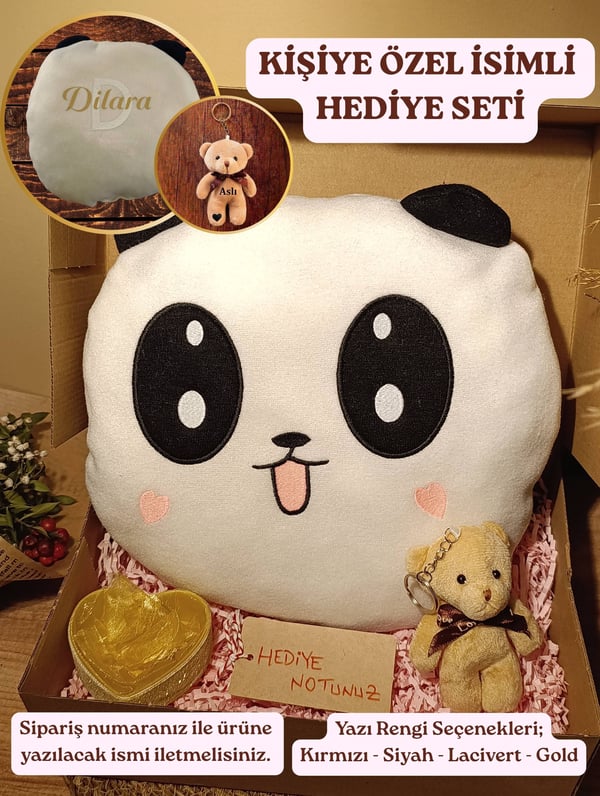 Kutulu Hediye Seti / Panda Yastık 35cm, Ayıcık Anahtarlık ve Kalp Şeklinde Tüllü Kutu