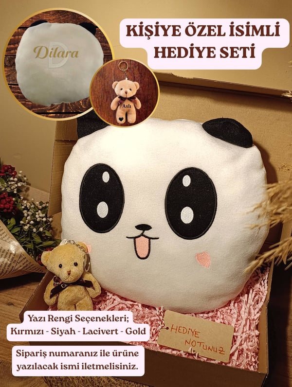Kutulu Hediye Seti / Panda Yastık 35cm ve Ayıcık Anahtarlık