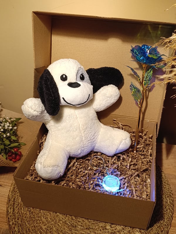 Kutulu Hediye Seti / Peluş Köpek 24cm - Renk Değiştiren Işıklı Anahtarlık - Sonsuzluk Gülü 