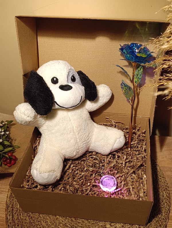 Kutulu Hediye Seti / Peluş Köpek 24cm - Renk Değiştiren Işıklı Anahtarlık - Sonsuzluk Gülü 