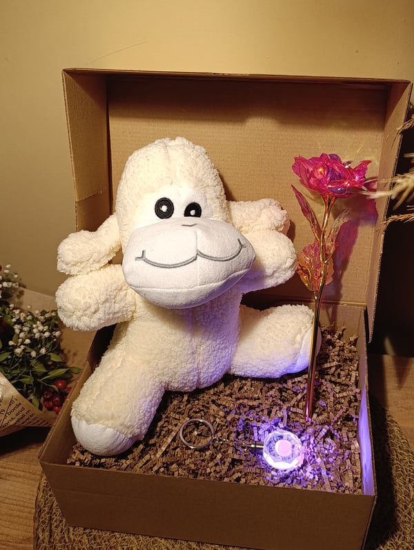 Kutulu Hediye Seti / Peluş Kuzu 24cm - Renk Değiştiren Işıklı Anahtarlık - Sonsuzluk Gülü 
