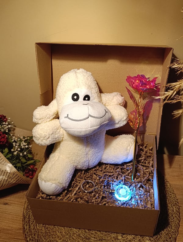 Kutulu Hediye Seti / Peluş Kuzu 24cm - Renk Değiştiren Işıklı Anahtarlık - Sonsuzluk Gülü 