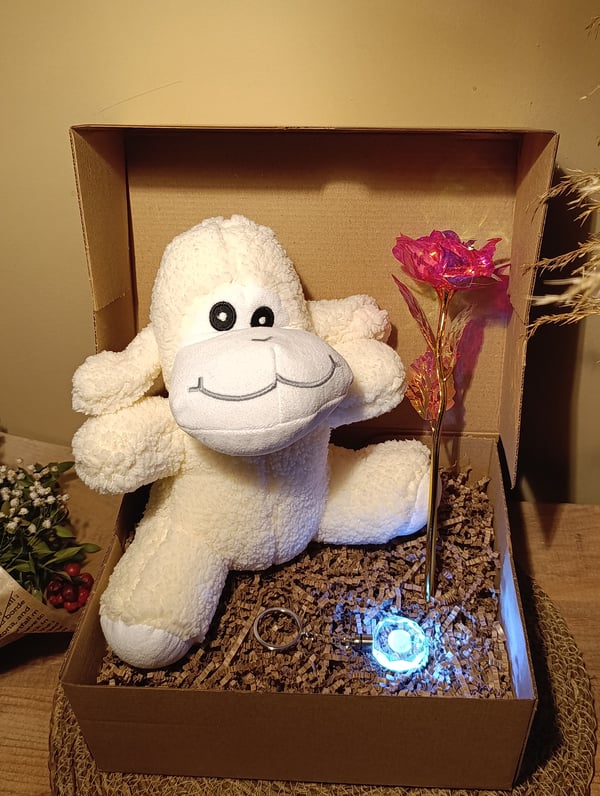 Kutulu Hediye Seti / Peluş Kuzu 24cm - Renk Değiştiren Işıklı Anahtarlık - Sonsuzluk Gülü 
